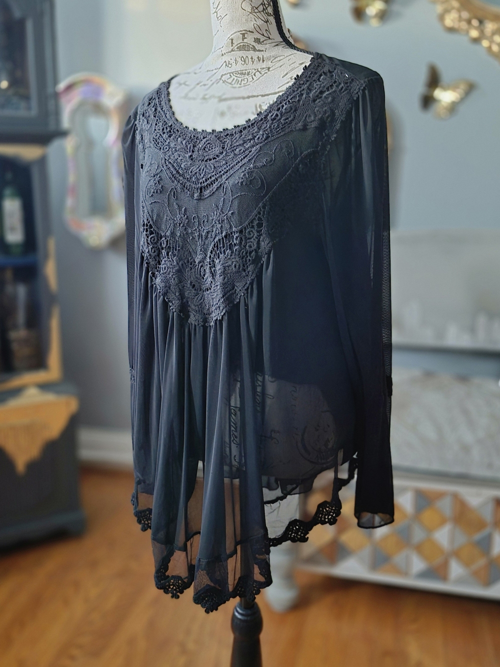 Ultra Pink Boho Whimsigoth Black Lace-Inset Sheer Tunic Large - Picture 3 of 9